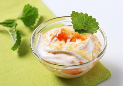 Crema di ricotta vaccina e salsa di arance