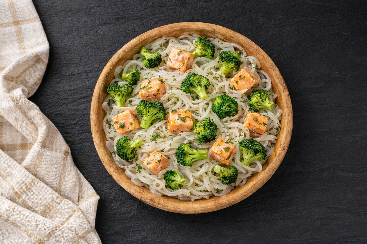 Shirataki con broccoli e salmone